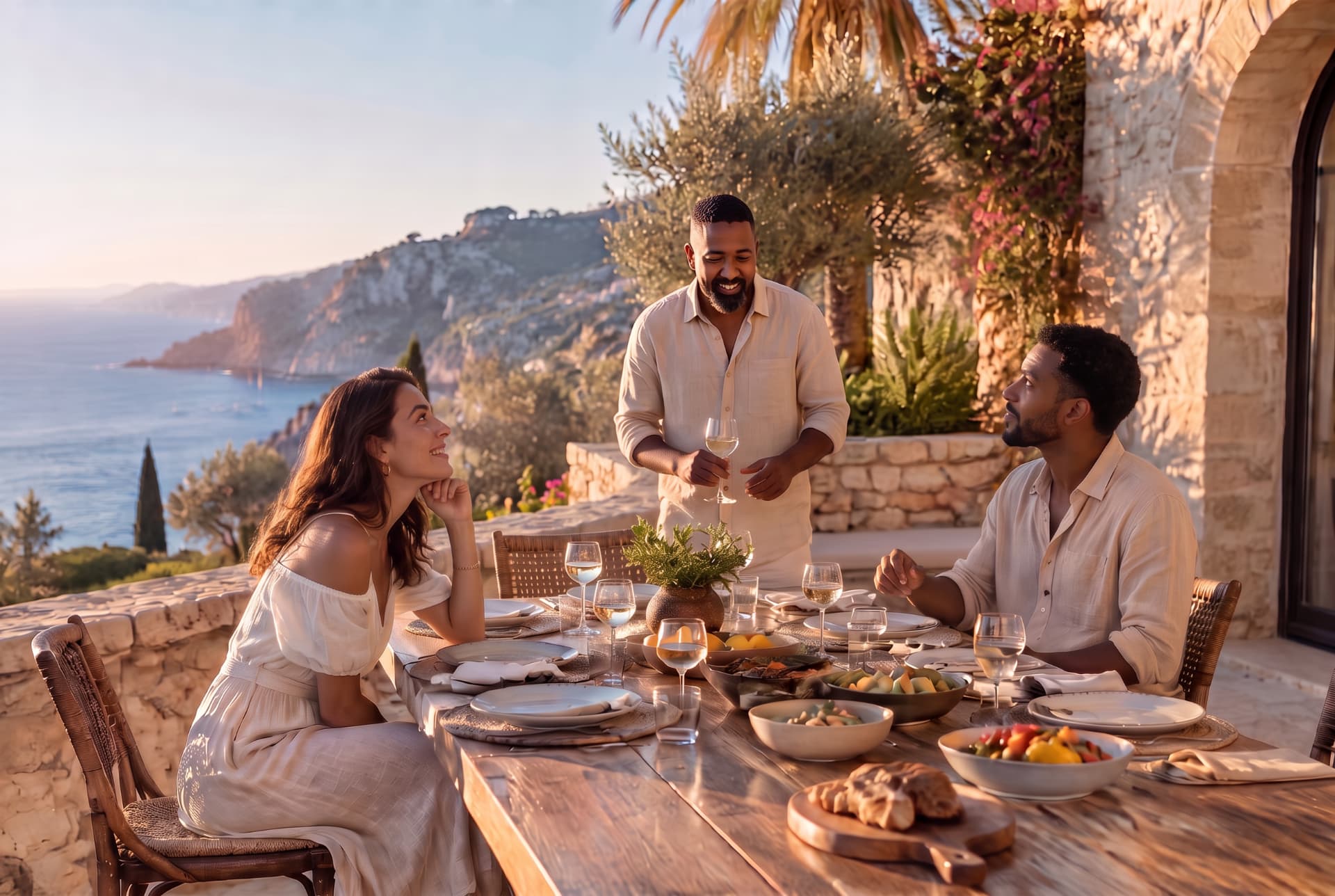 Three longtime friends sharing a relaxed meal together on an island